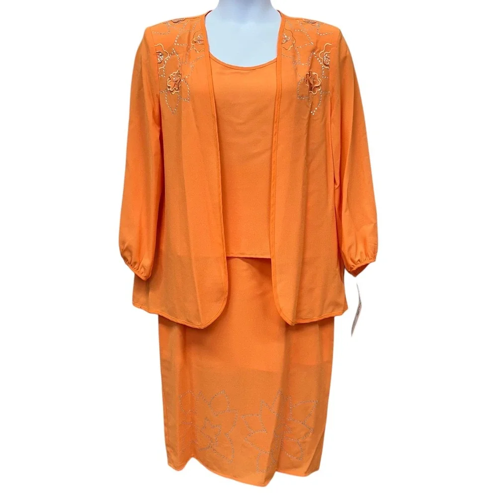 NWT Christie Of California 3 Piece Skirt Suit Set Womens 12 Orange Beaded Floral